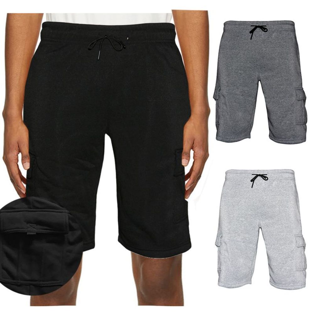 Mens Sweat Cargo Shorts Soft Cotton Lounge Gym Workout Drawstring Casual Black